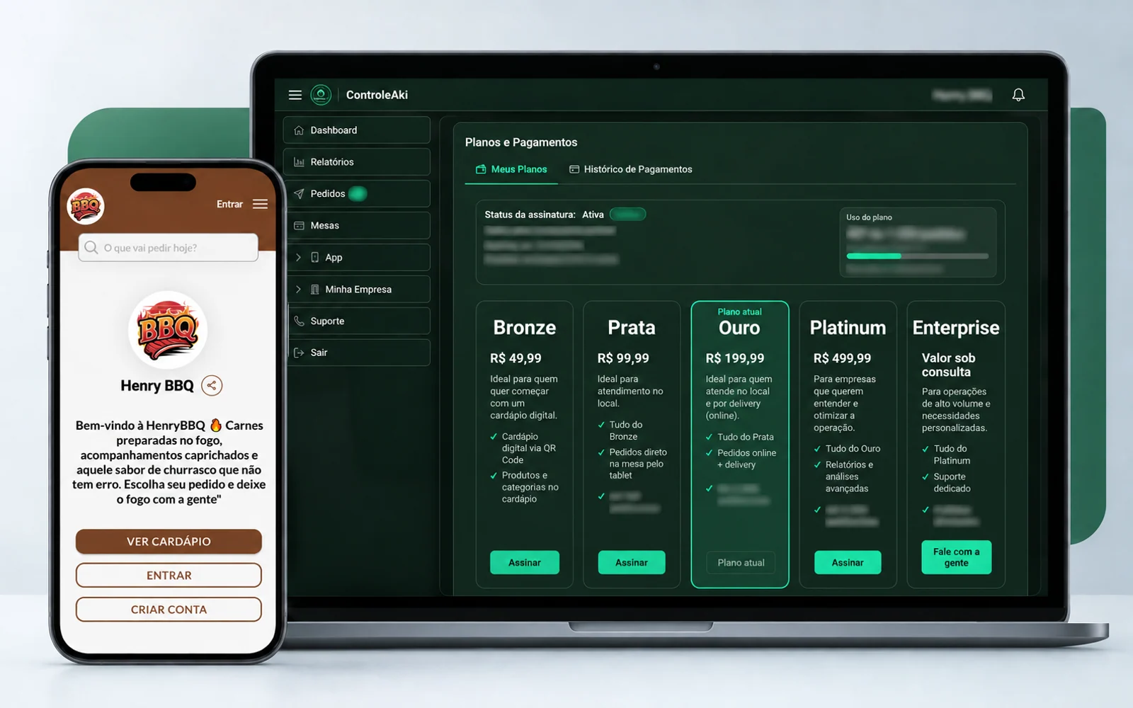 ControleAki restaurant backoffice and white-label customer PWA shown with demonstration data.