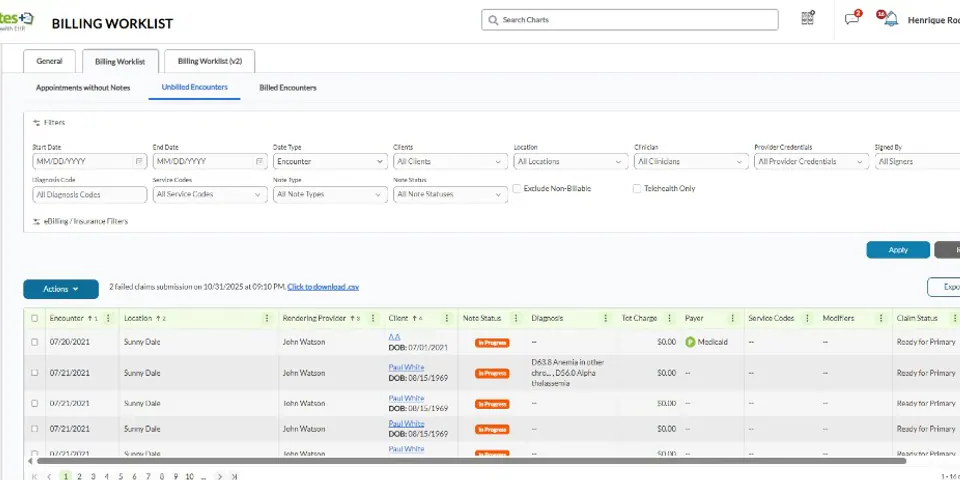 Billing worklist used to review and manage unbilled encounters.