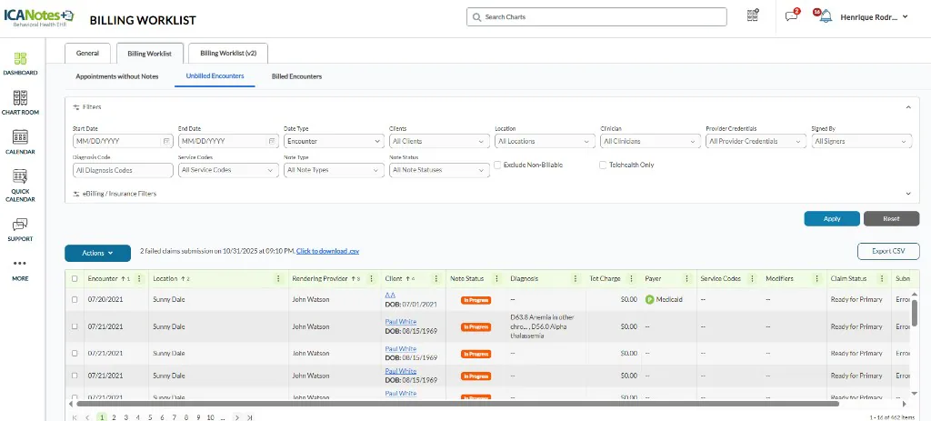 Billing worklist with encounter filters and revenue-cycle actions.