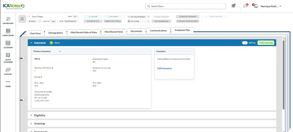 Insurance details used by clinical billing workflows.